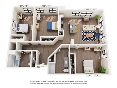 Floor plan for 3 beds, 2 baths, 1598 sqft